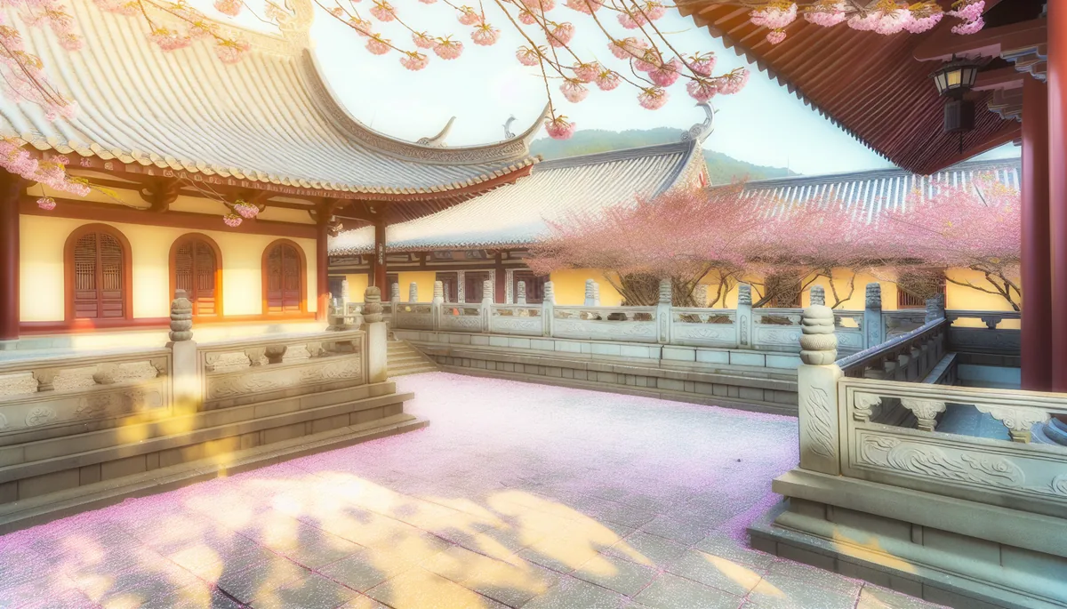 Cherry blossom petals falling in front of a traditional Asian temple with pagoda architecture during spring season