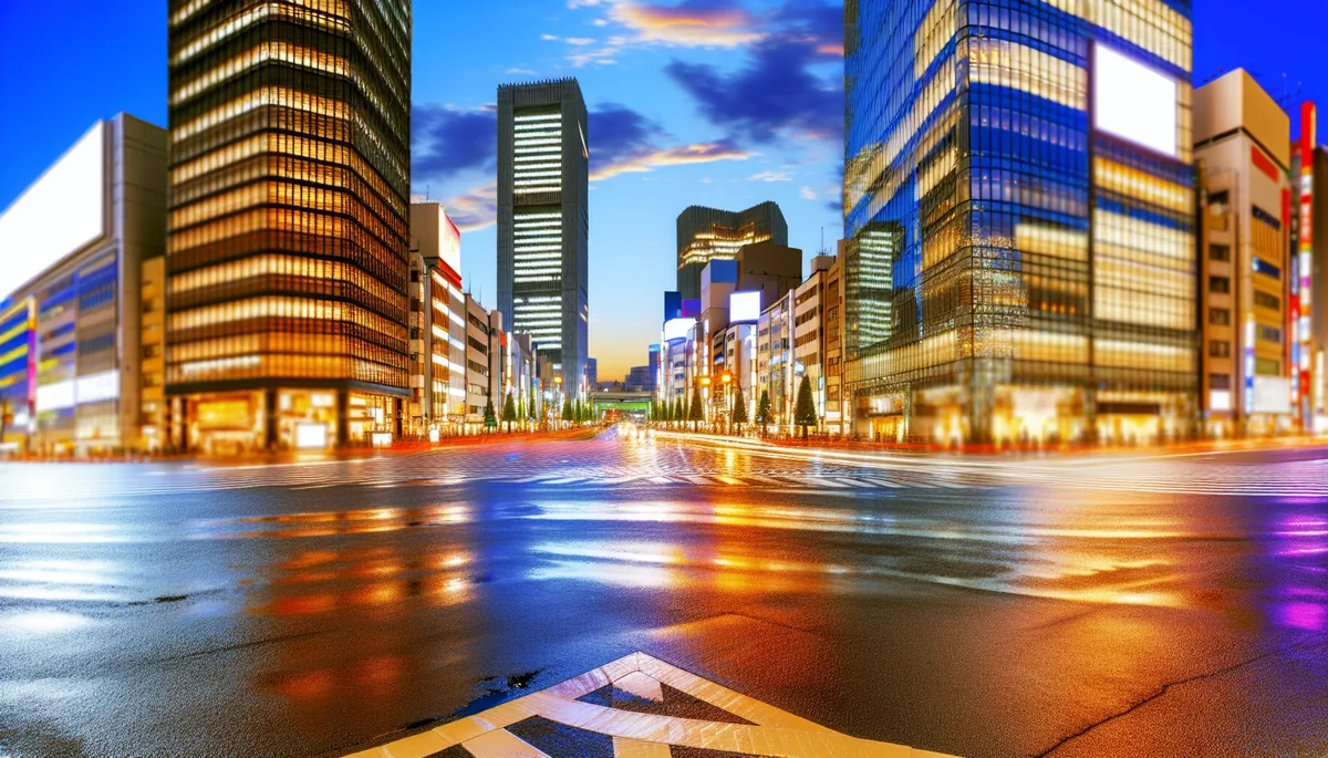 Evening view of a busy Tokyo street intersection with modern buildings, neon reflections, and atmospheric lighting showcasing Japan's urban landscape
