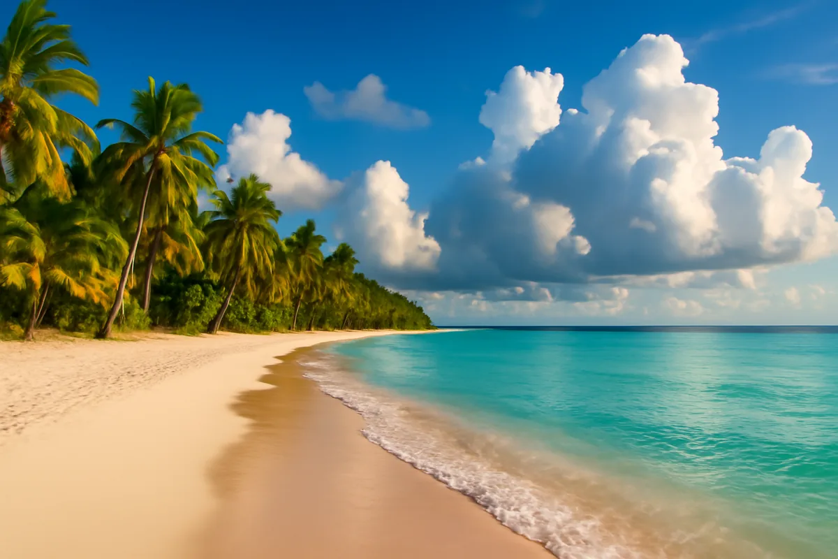 A stunning Caribbean beach in Antigua with turquoise waters, white sand, and palm trees under a bright blue sky with fluffy clouds