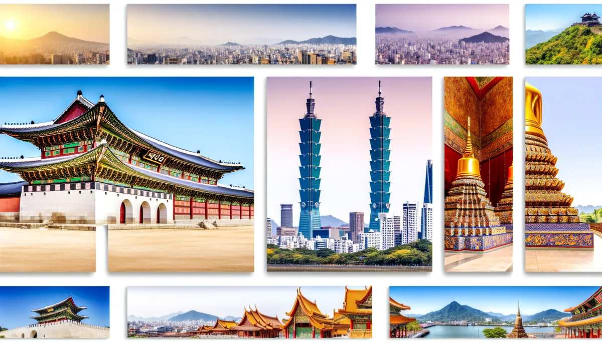 Panoramic view showcasing iconic landmarks from South Korea, Taiwan, and Thailand including traditional palaces, modern skyscrapers, and ornate temples representing a multi-country Asian travel journey