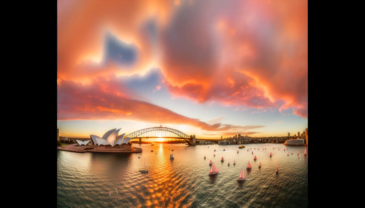 Sydney Opera House and Harbour Bridge at sunset with golden light reflecting on harbor waters