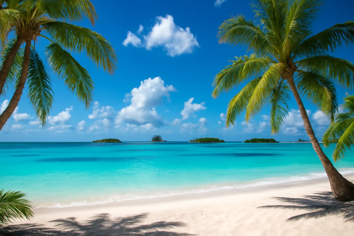 Stunning panoramic view of turquoise Caribbean waters with tropical islands, white sandy beach, and palm trees under a bright blue sky