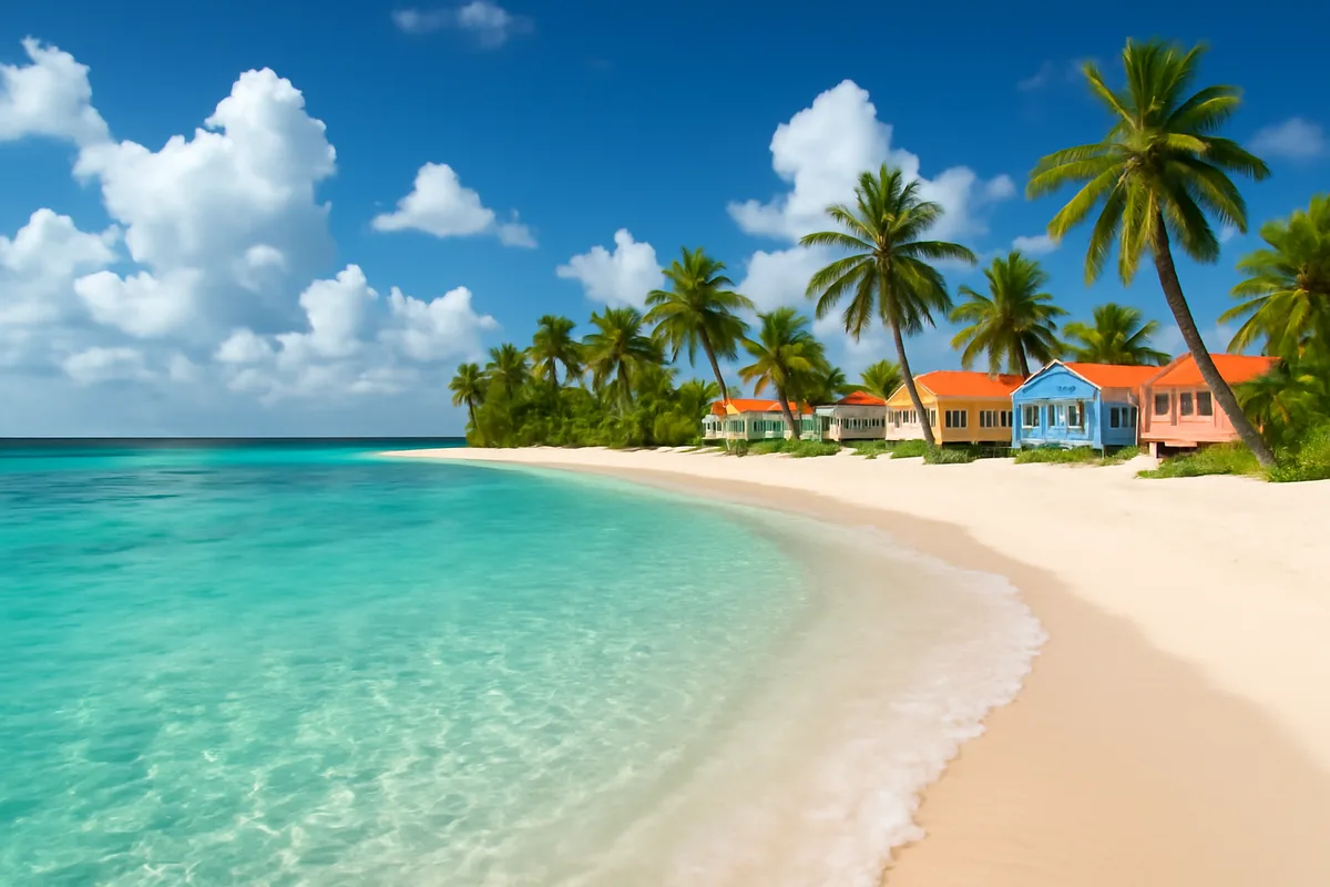 Beautiful Caribbean beach scene with turquoise waters, white sand, palm trees, and colorful tropical buildings under a bright blue sky