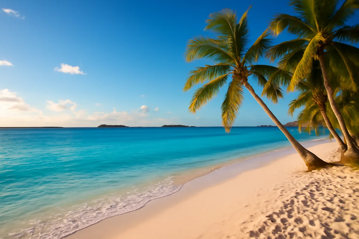 Beautiful Caribbean beach scene with turquoise waters, white sand, palm trees, and distant islands under golden hour lighting