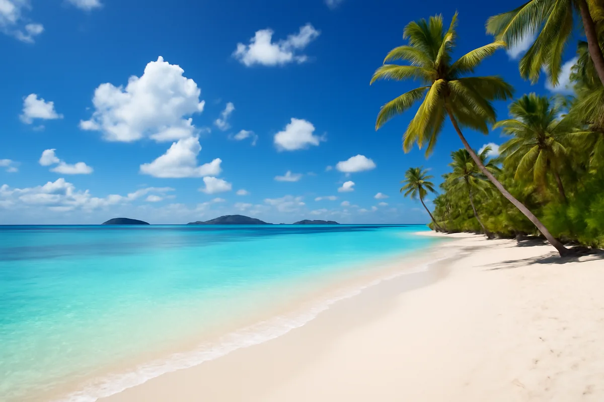 Stunning Caribbean beach scene with turquoise waters, white sand, palm trees, and tropical islands under a bright blue sky