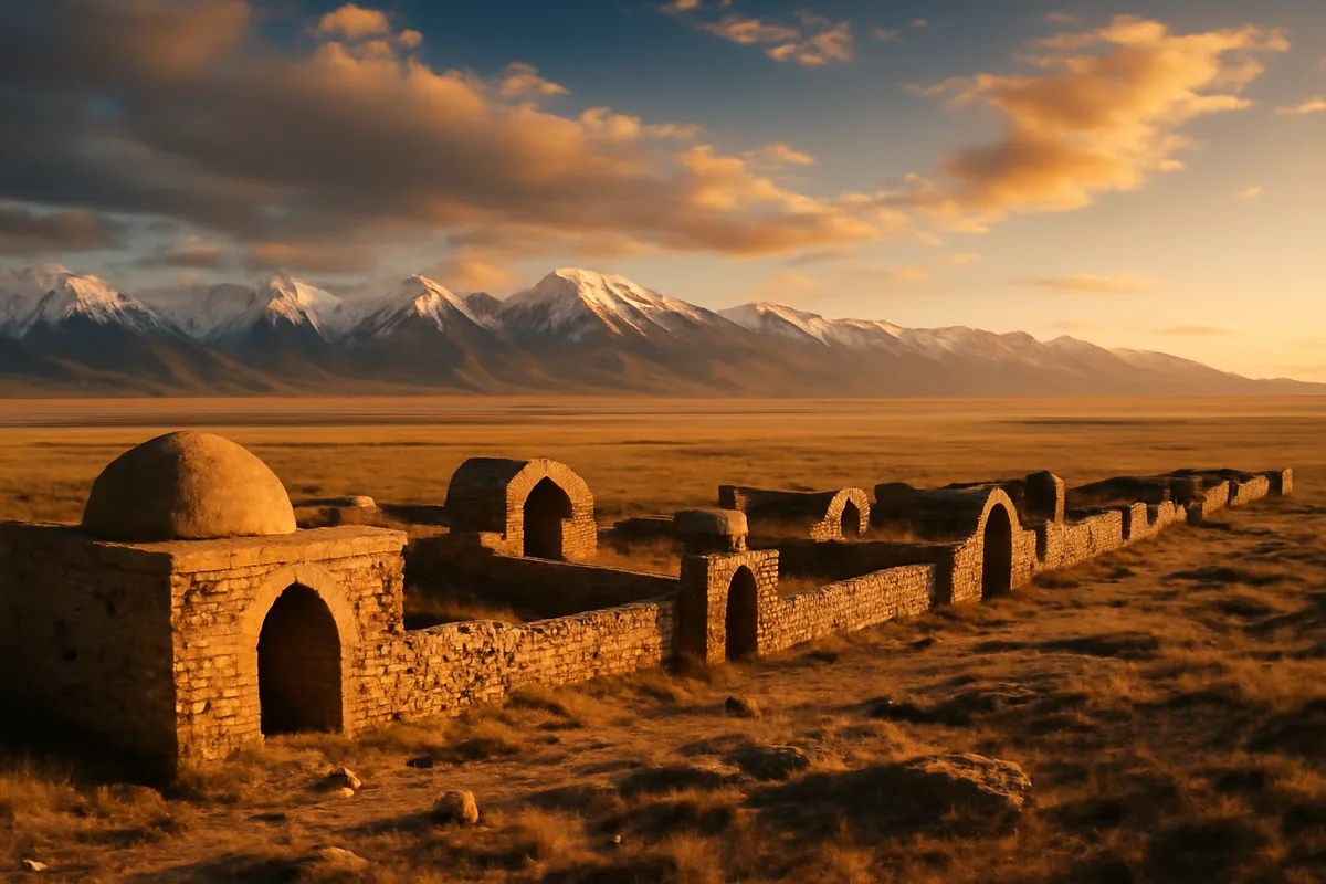 Ancient Silk Road ruins on a vast Central Asian steppe with snow-capped mountains in the background under a golden sunset sky