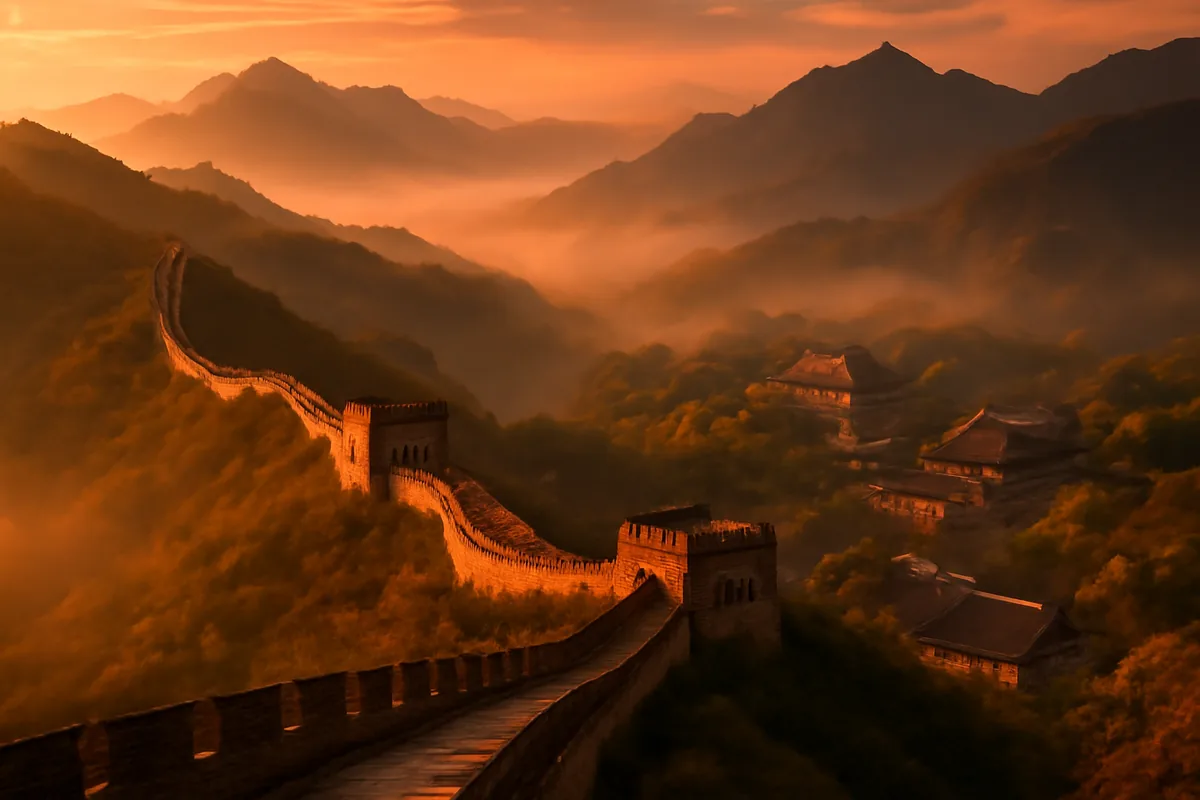 Scenic view of the Great Wall of China snaking through mountainous landscape during golden hour with traditional Chinese buildings in the valley