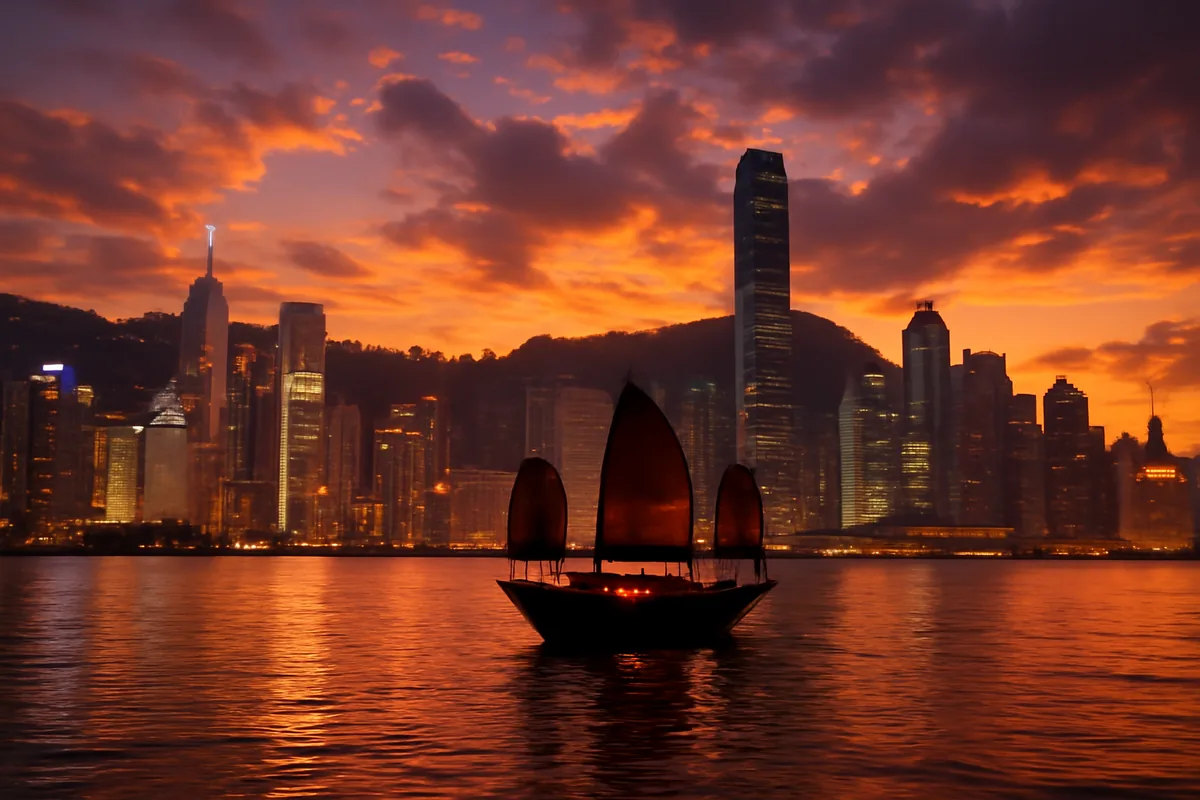 Hong Kong skyline at golden hour viewed from Victoria Harbour, with skyscrapers reflecting on the water and a traditional junk boat silhouette in the foreground