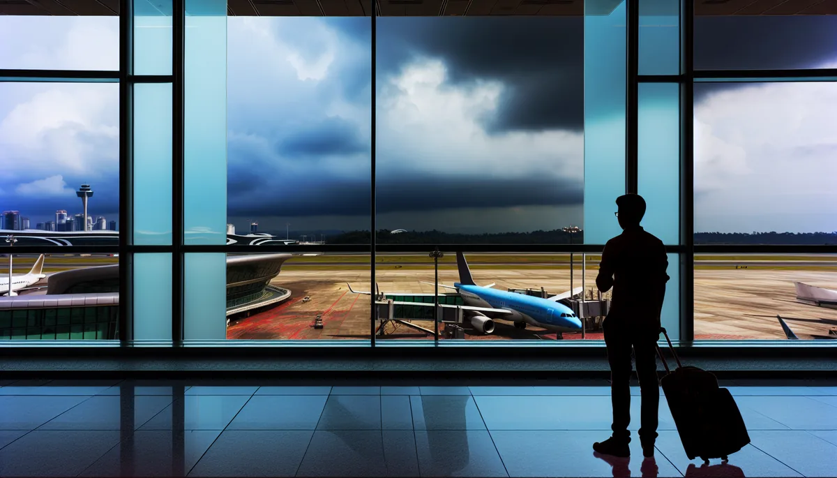 Silhouette of a traveler standing at an airport gate with planes visible through large windows under stormy skies