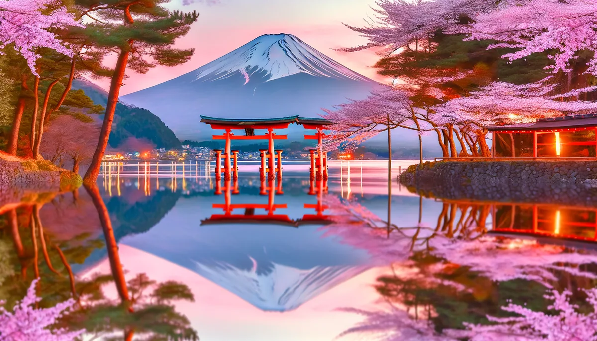 Serene Japanese landscape featuring Mount Fuji and a traditional torii gate reflected in still lake water with cherry blossom petals, captured during golden hour