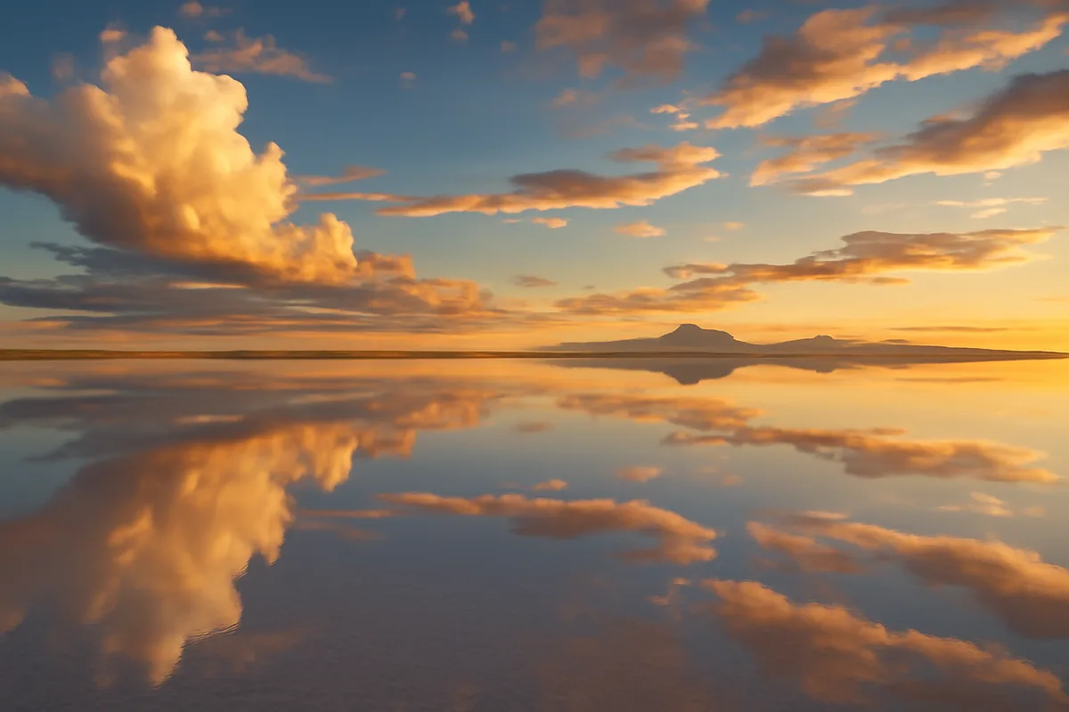 A breathtaking panoramic view of the Uyuni Salt Flat in Bolivia, with a perfect mirror reflection of dramatic clouds on the flooded white surface during golden hour