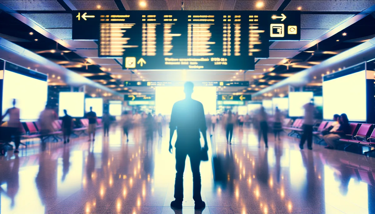 Silhouette of a traveler standing in a busy airport terminal with departure boards and crowds blurred in the background, conveying the feeling of travel uncertainty