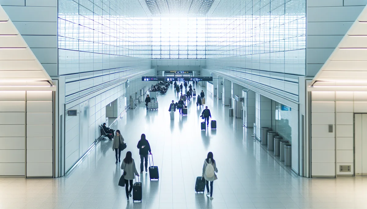 Modern Japanese airport terminal interior with travelers walking through a bright, spacious corridor with large windows and contemporary architecture