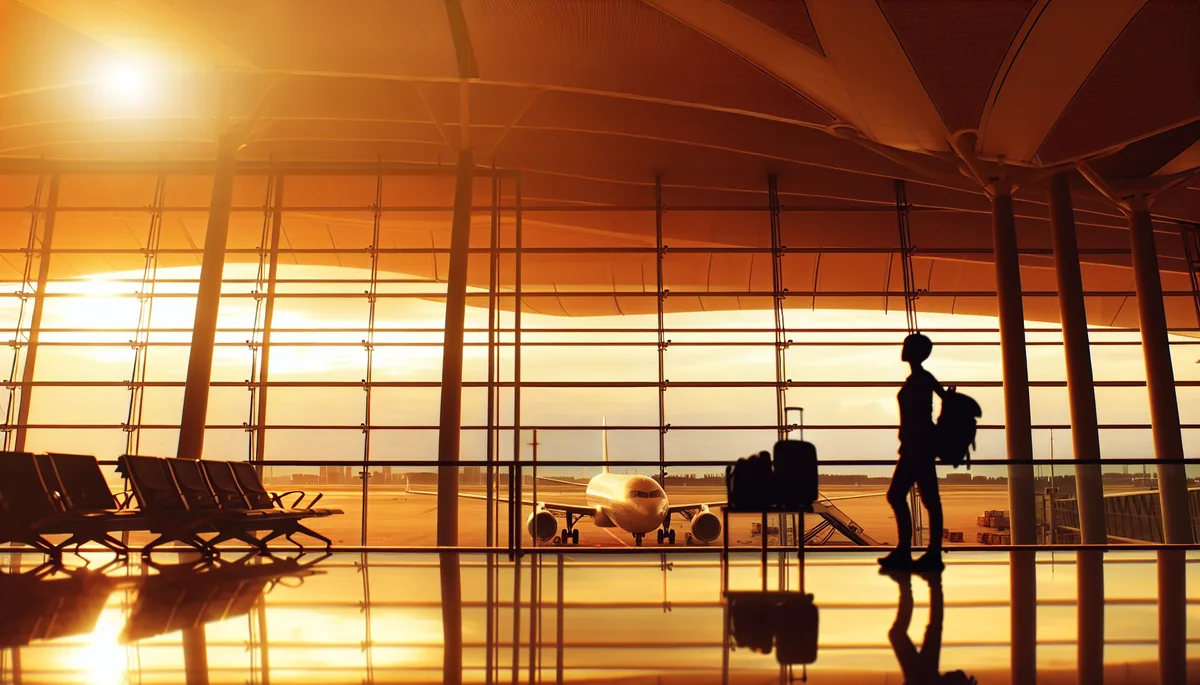 Silhouette of a traveler with backpack standing at airport departure gate during golden hour, with airplanes visible on the tarmac through large terminal windows
