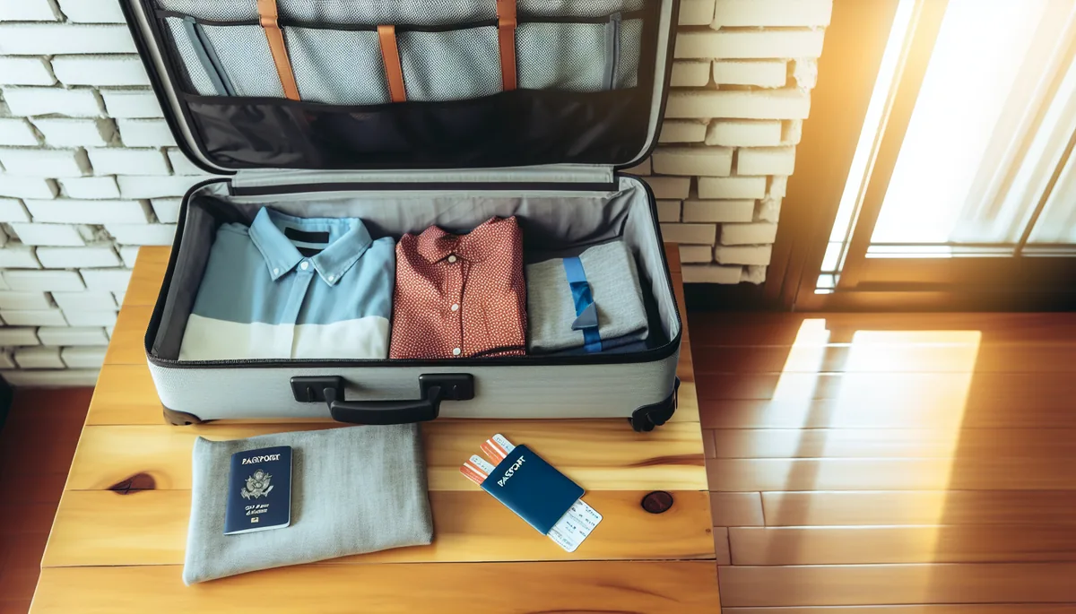 A neatly packed suitcase with organized travel essentials and passport on a wooden table, representing travel preparation and planning