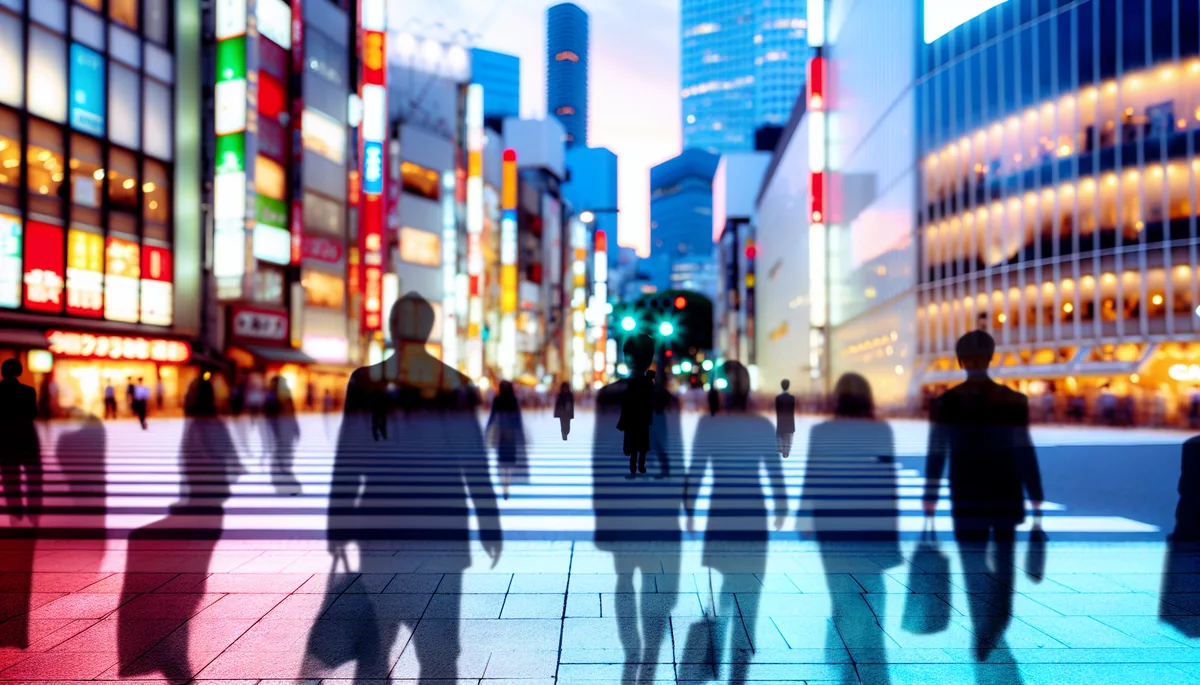 Evening view of a busy Tokyo street with modern buildings, neon lighting, and pedestrian silhouettes crossing the street
