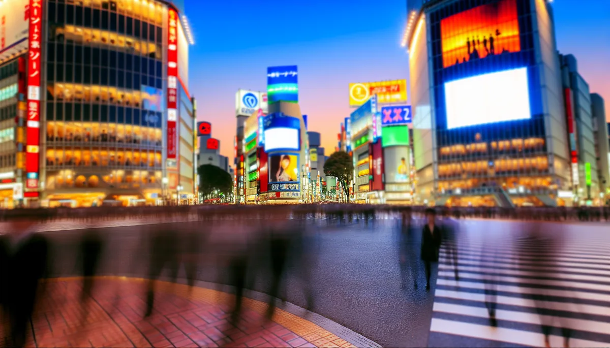 Evening view of a busy Tokyo street intersection with blended traditional and modern architecture, pedestrians crossing in motion blur under warm twilight lighting
