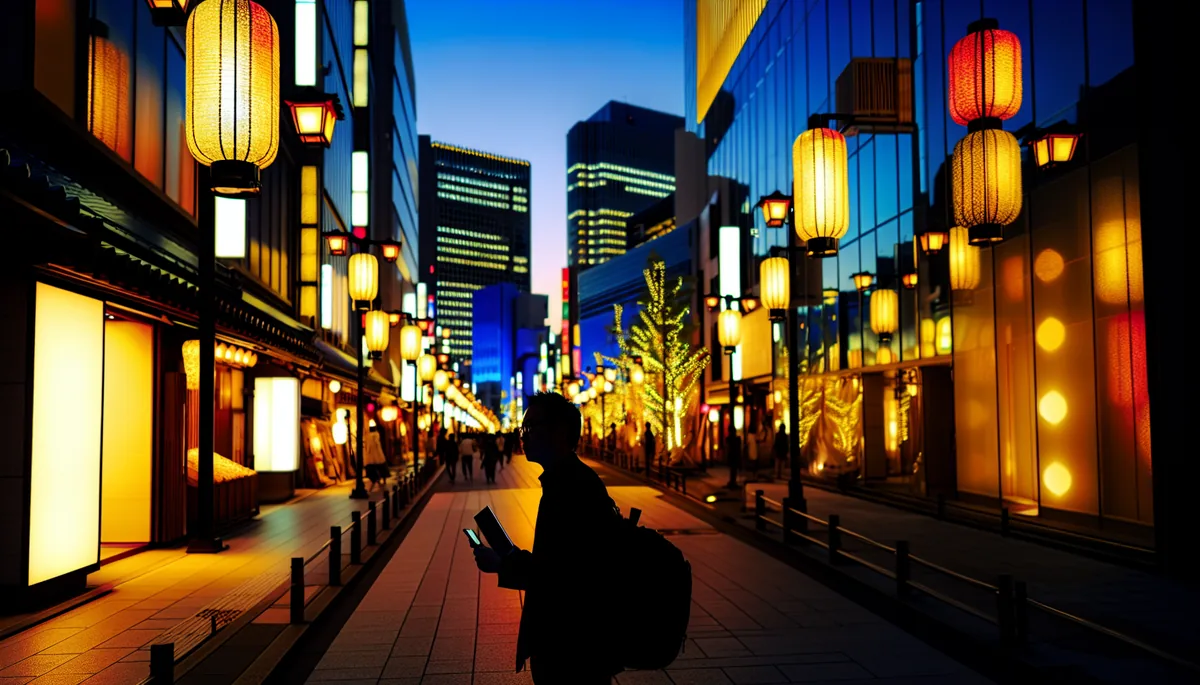 Silhouette of a traveler walking through a vibrant Tokyo street at dusk with illuminated skyscrapers and traditional elements in the background