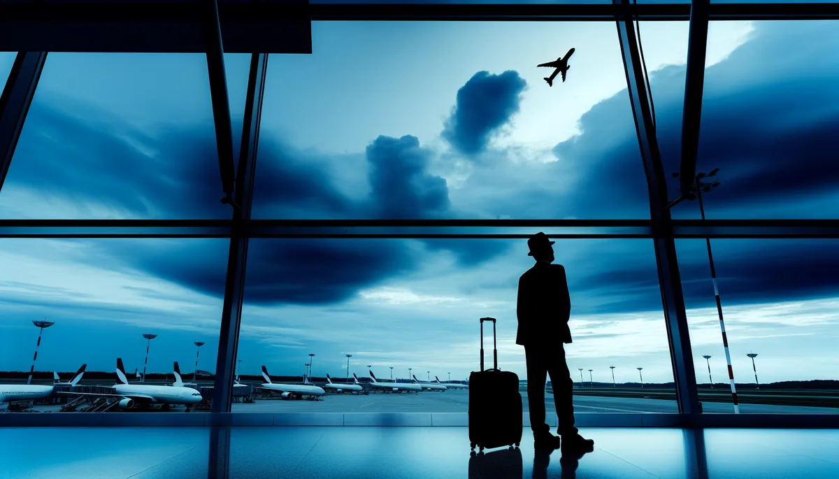 Silhouette of a traveler sitting alone at an airport gate with luggage, looking out at aircraft on the tarmac under stormy skies