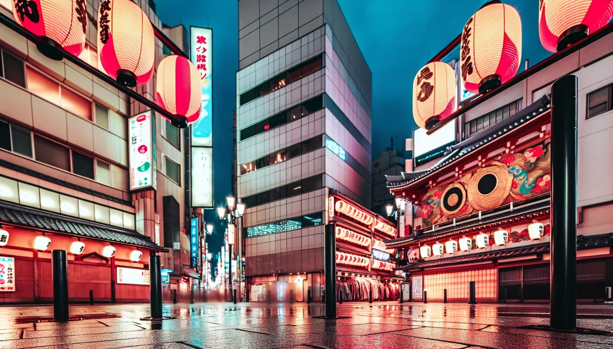 Evening street scene in Tokyo showing traditional and modern architecture with colorful lighting reflecting on wet pavement