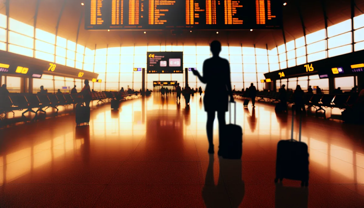 Silhouette of a traveler standing in a large international airport terminal with departure gates and signage blurred in the background during evening hours