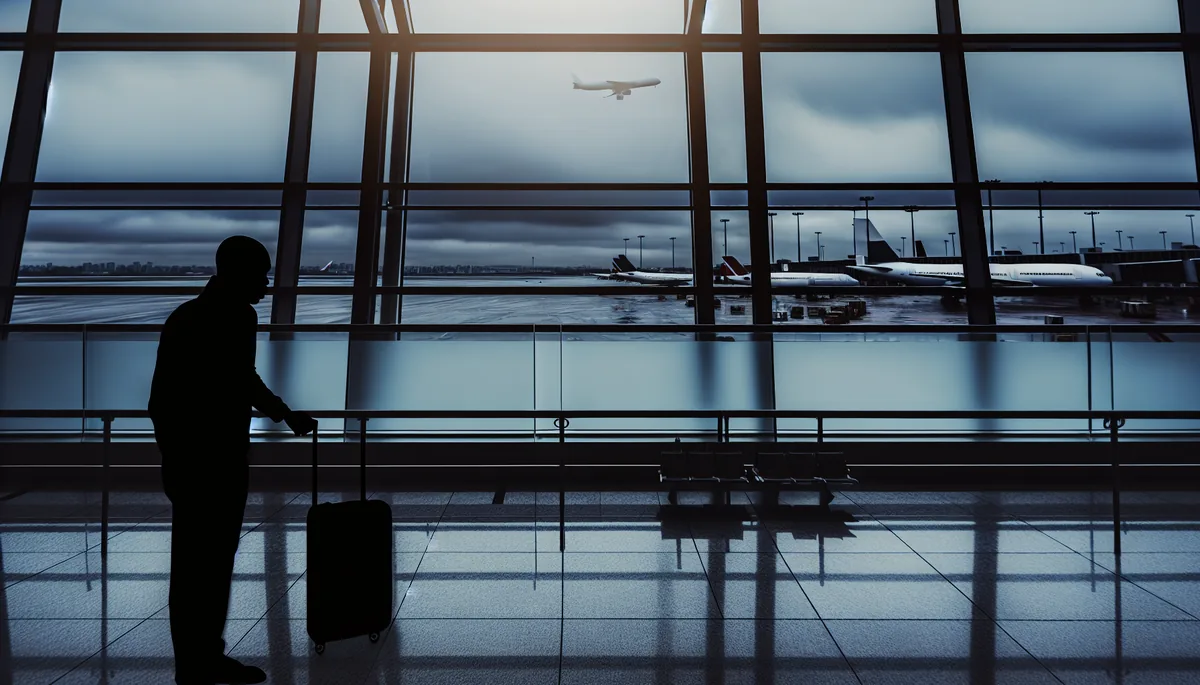 Silhouette of a traveler standing at an airport terminal window with planes visible on the tarmac under a cloudy sky