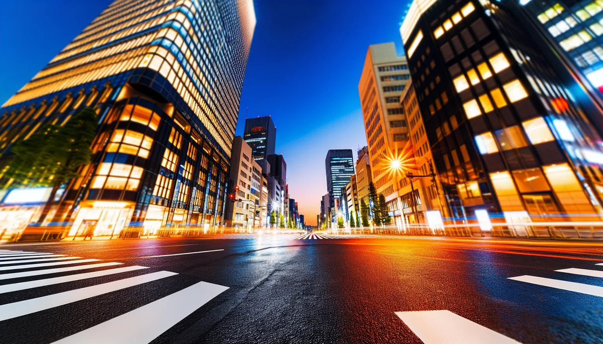 Tokyo cityscape at dusk showing a busy street intersection with modern buildings, neon reflections, and urban atmosphere representing Japan's connectivity and technology hub