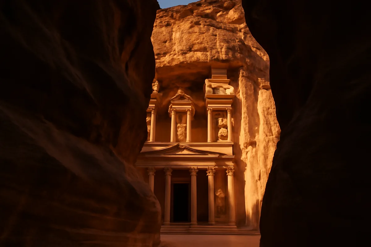 The iconic Al-Khazneh treasury of Petra, Jordan, viewed through the narrow Siq canyon with golden sunlight highlighting the ancient rose-red sandstone carvings
