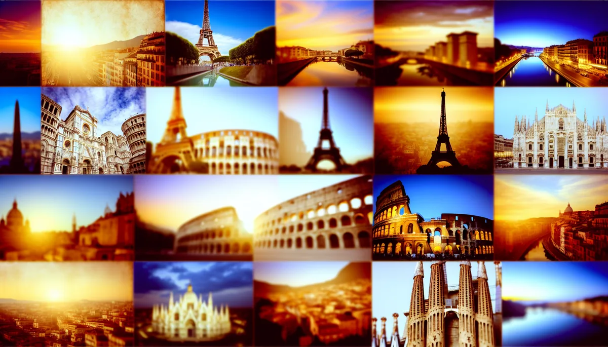 Dreamy European travel scene showing iconic landmarks from Paris, Rome, and Barcelona bathed in golden hour lighting