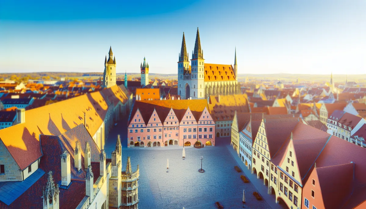 Beautiful European city square with historic architecture, medieval buildings, and cathedral spires under golden hour lighting