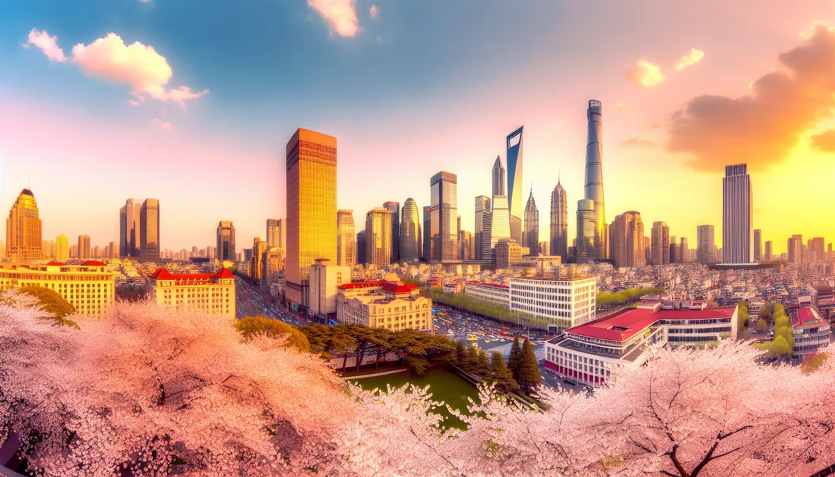 Beautiful spring cityscape with cherry blossoms in the foreground and modern skyscrapers in the background during golden hour, representing popular Asian travel destinations during Golden Week