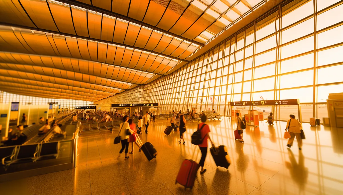 Airport departure terminal at golden hour with travelers walking towards gates, warm lighting through windows
