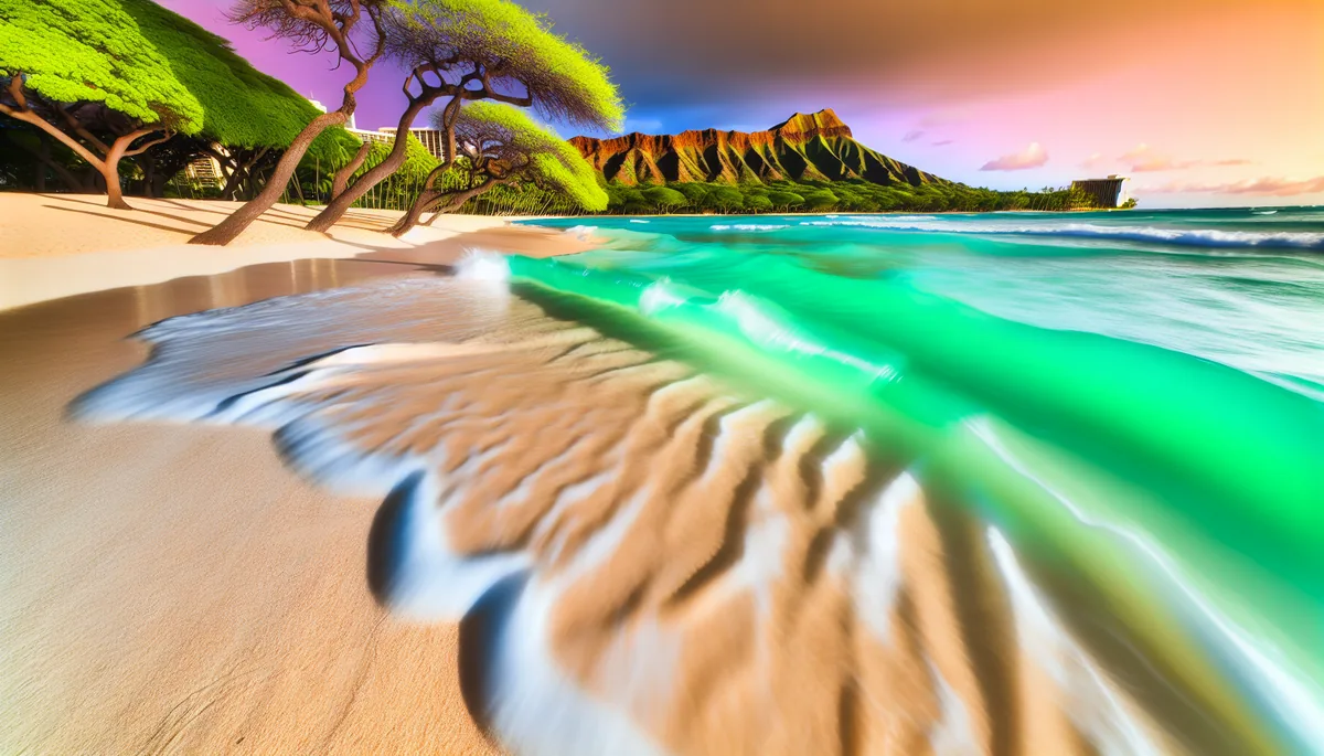 Scenic view of Diamond Head crater and Waikiki Beach in Hawaii with turquoise waters, white sand, and palm trees during golden hour