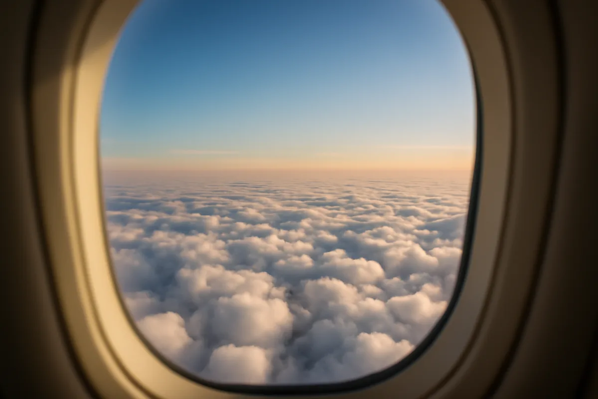 View from an airplane window showing a breathtaking cloudscape with white clouds stretching to the horizon under a bright blue sky with warm golden light
