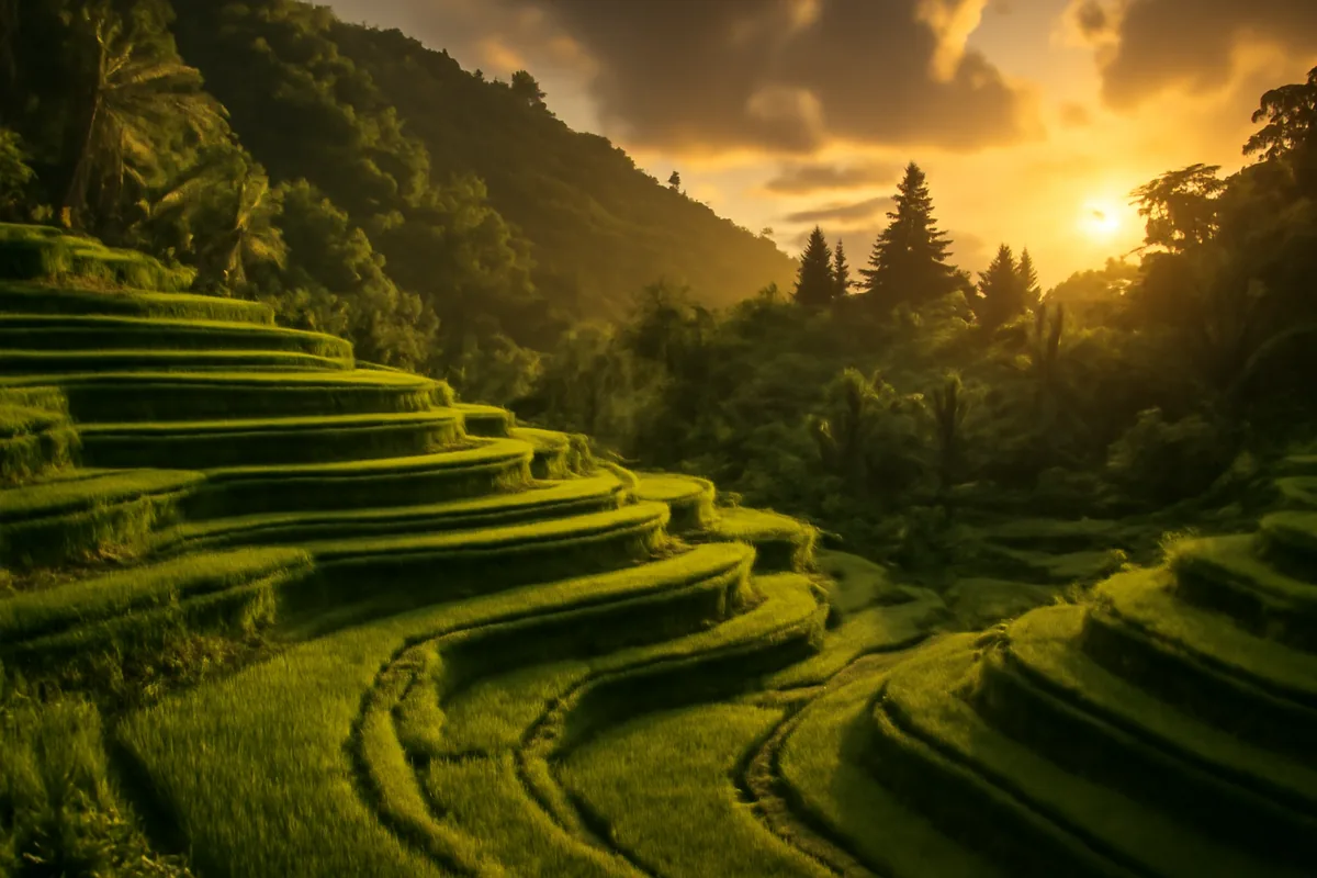 Lush green terraced rice fields in Bali, Indonesia, with a traditional temple visible in the background under warm golden hour light