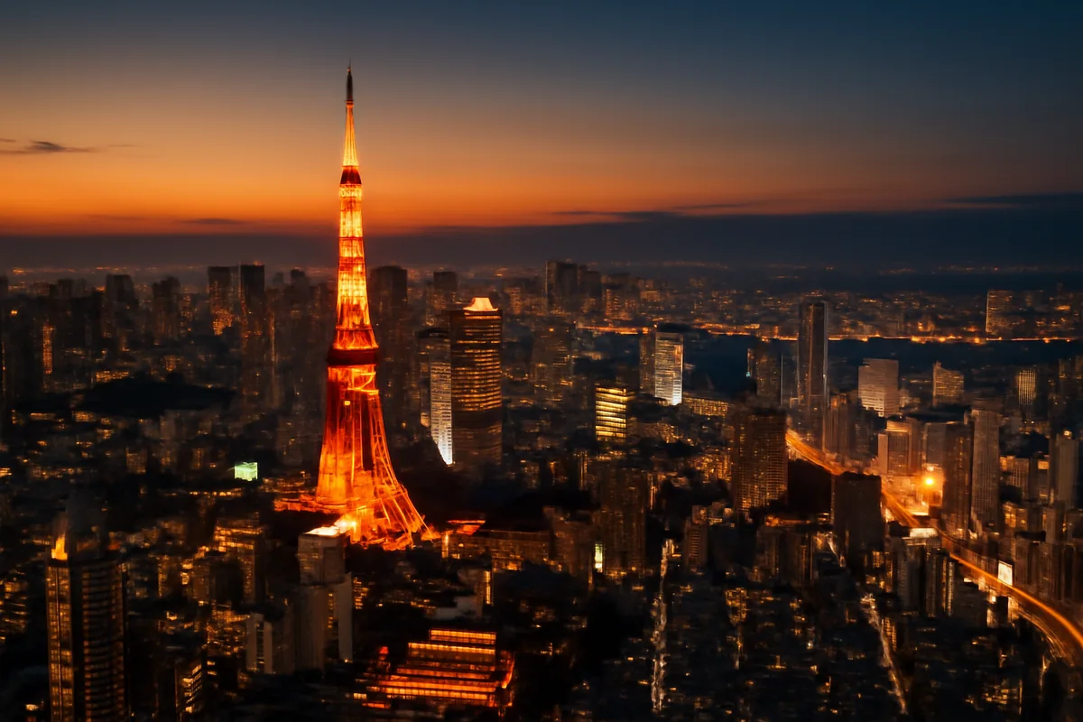 Aerial view of Tokyo cityscape at golden hour with Tokyo Tower illuminated against a warm twilight sky