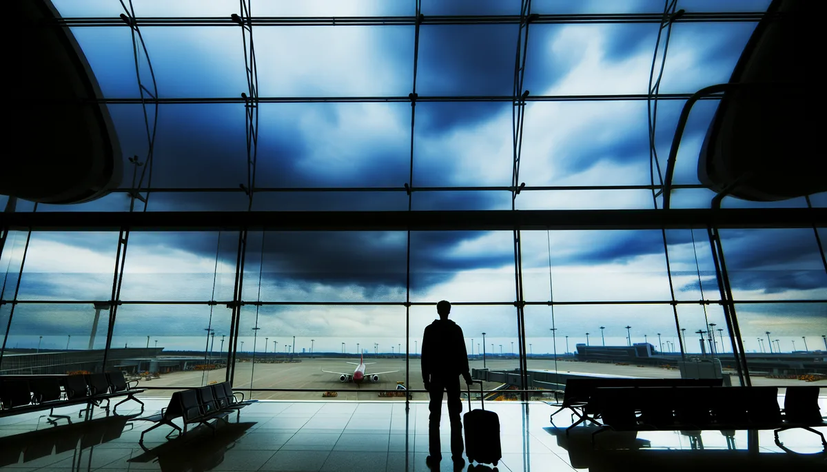 Silhouette of a traveler standing alone at an airport terminal window with stormy skies and planes visible outside, conveying the anxiety of potential travel complications