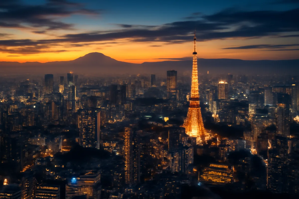 Aerial panoramic view of Tokyo's glowing cityscape at golden hour with Mount Fuji visible in the distant background