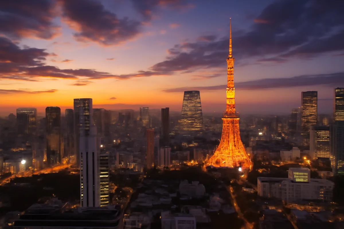 Aerial panoramic view of Tokyo's glittering skyline at golden hour, with Tokyo Tower illuminated against a warm orange and purple sunset sky