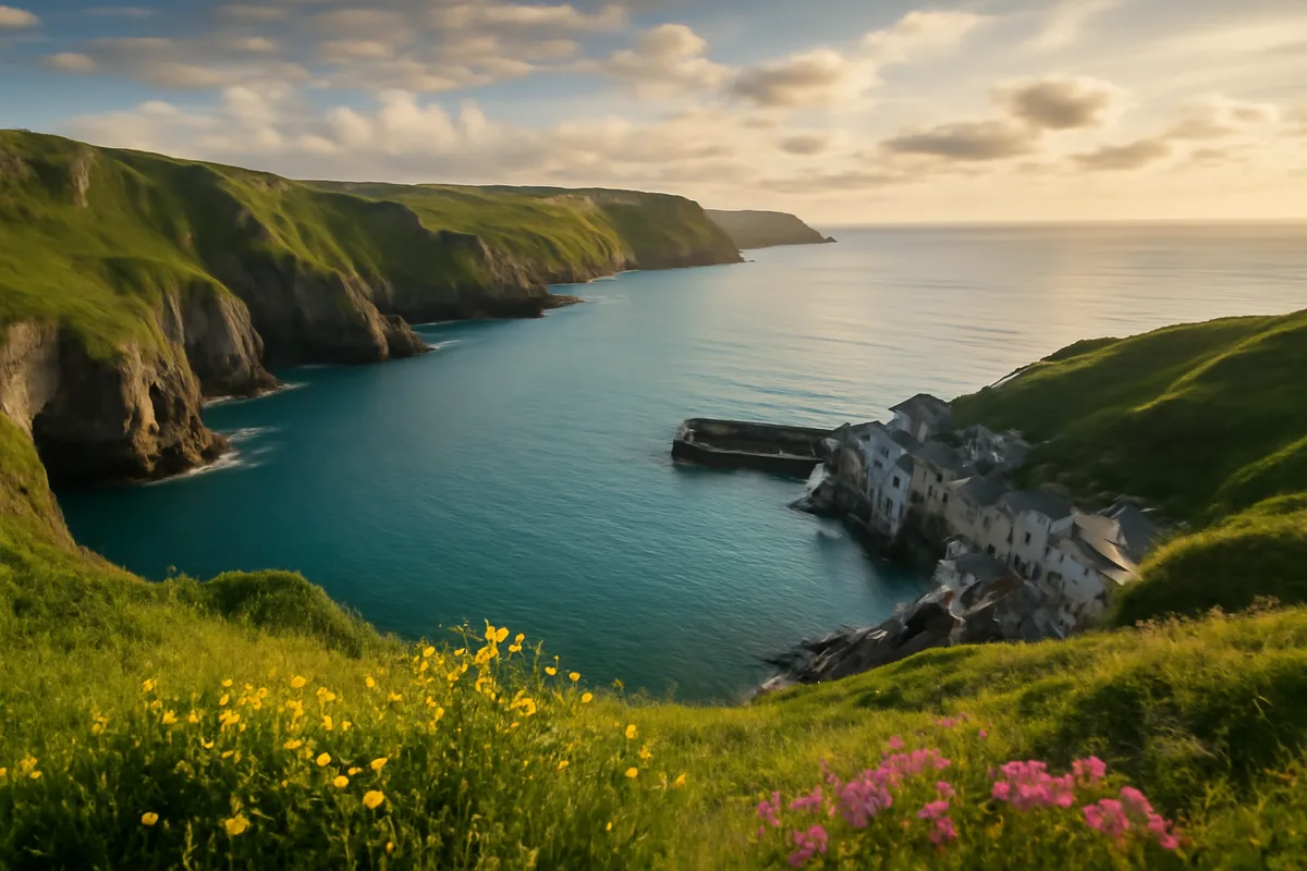 Scenic coastal cliffs and a picturesque stone harbor village on the island of Jersey, with turquoise waters and green headlands under golden afternoon light