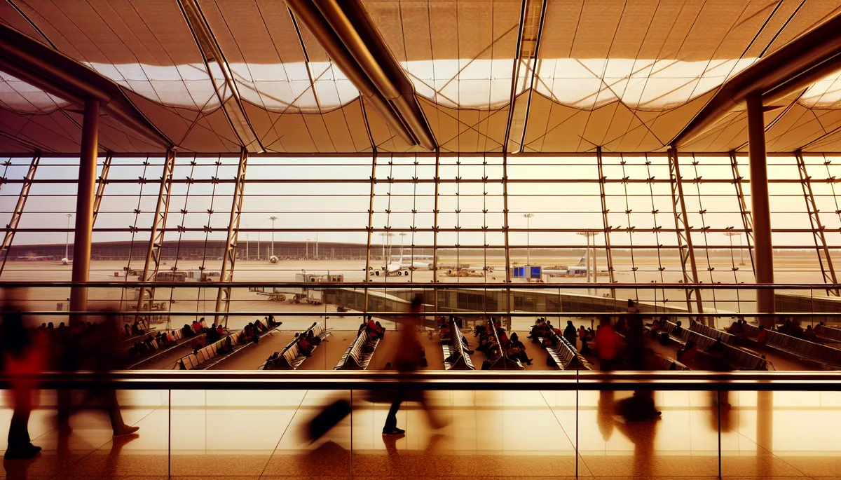 Modern airport terminal with travelers walking through spacious corridors, large windows showing aircraft outside during sunset, representing international travel and connectivity