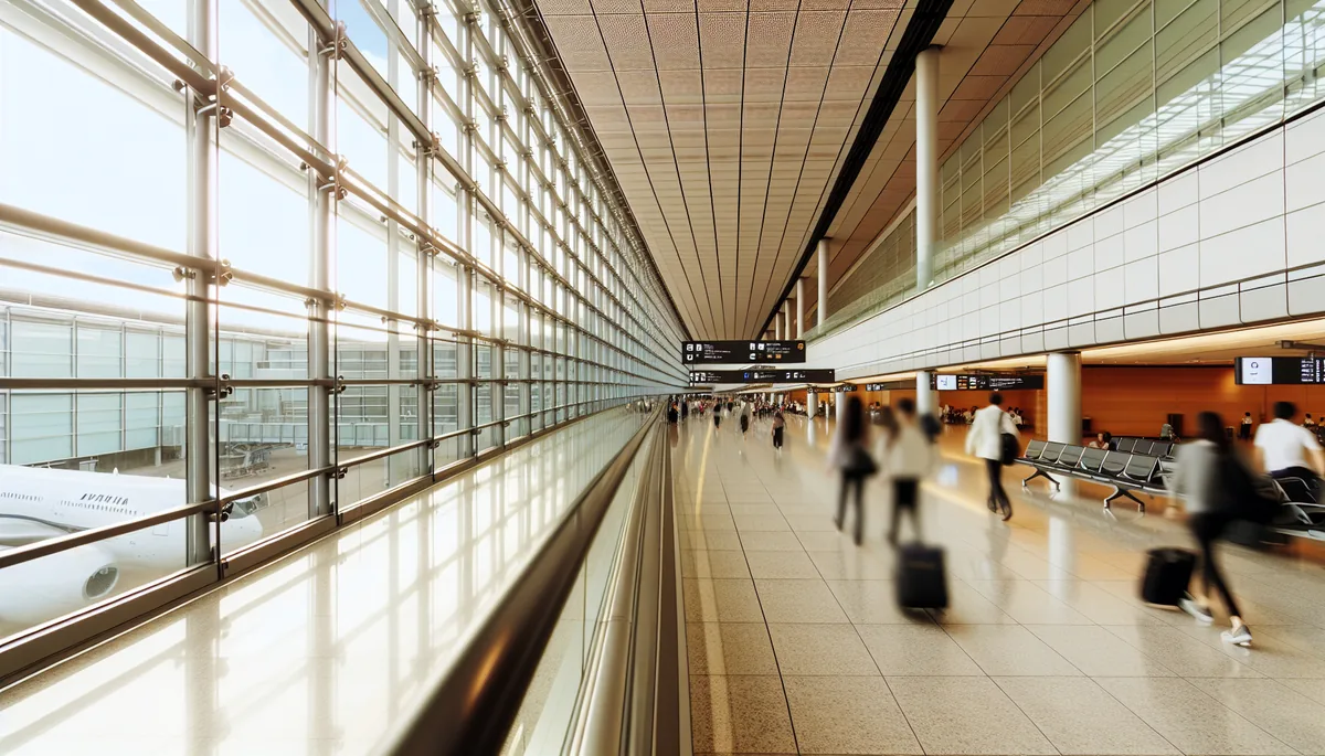 Modern international airport terminal with travelers walking through bright glass corridors, representing international travel and connectivity