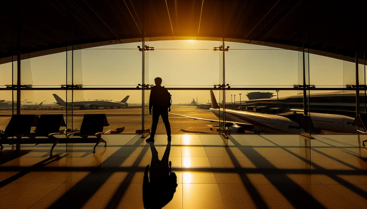 Silhouette of a traveler standing at an airport departure gate with airplanes visible on the tarmac during golden hour