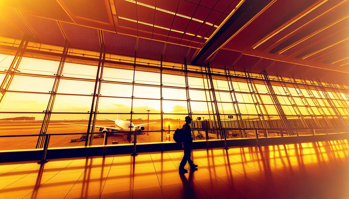 Silhouette of a traveler at an airport departure gate with planes visible through windows during golden hour