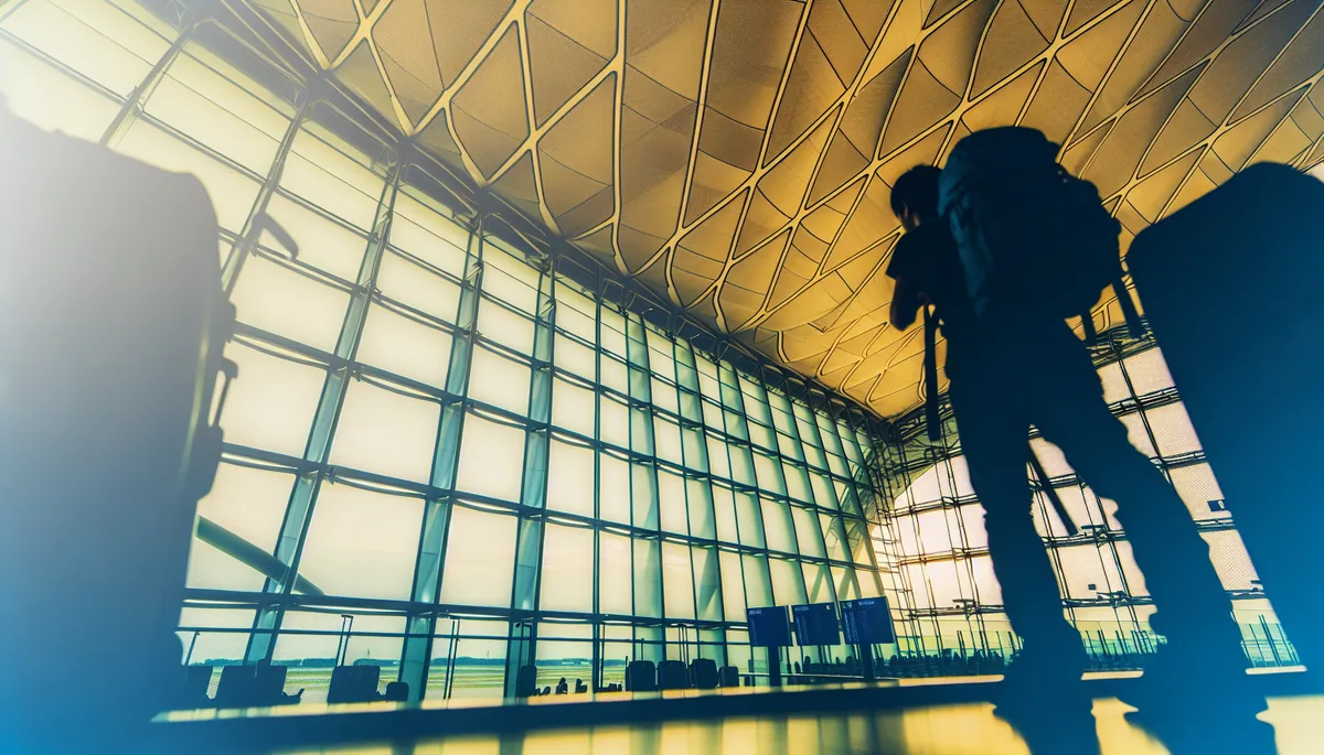 Silhouette of a traveler with backpack at an airport departure gate, symbolizing international travel and journey preparation