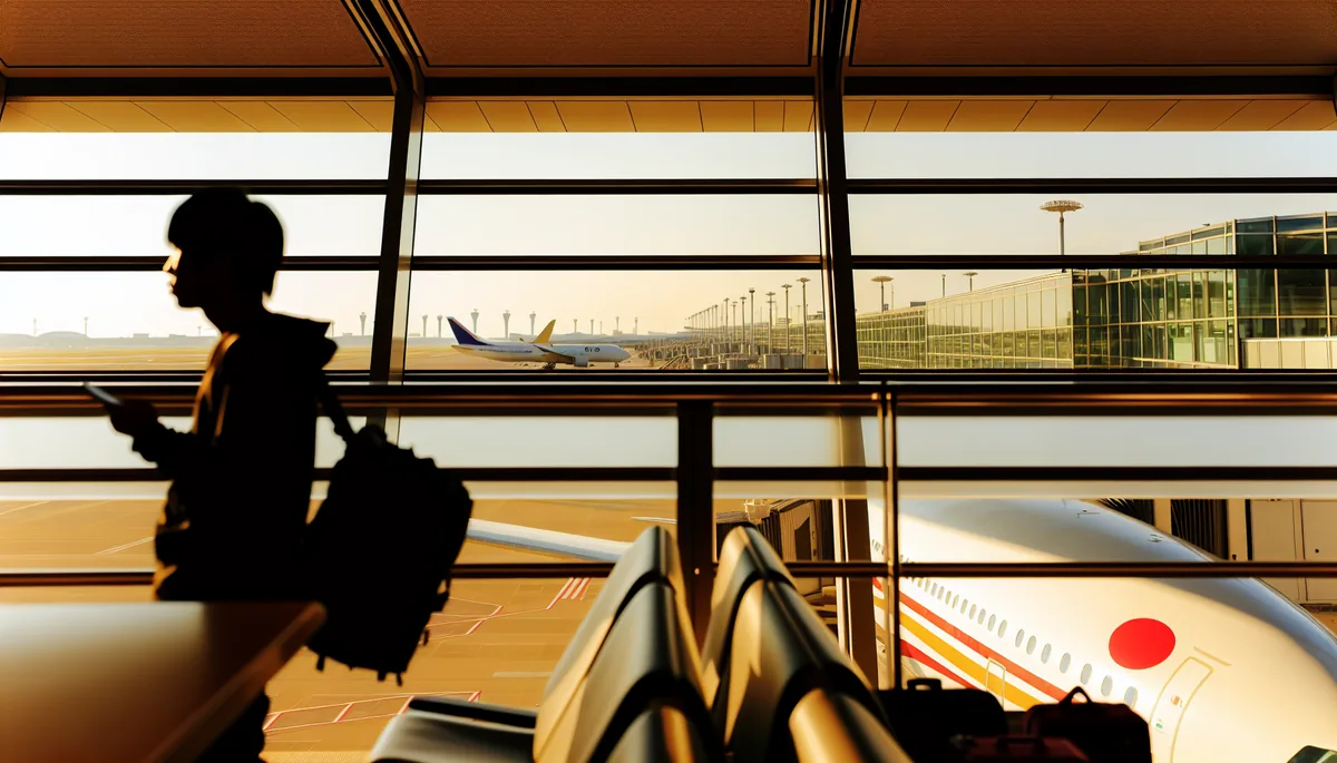 Silhouette of a traveler standing at an airport departure gate window, looking out at planes on the tarmac during golden hour