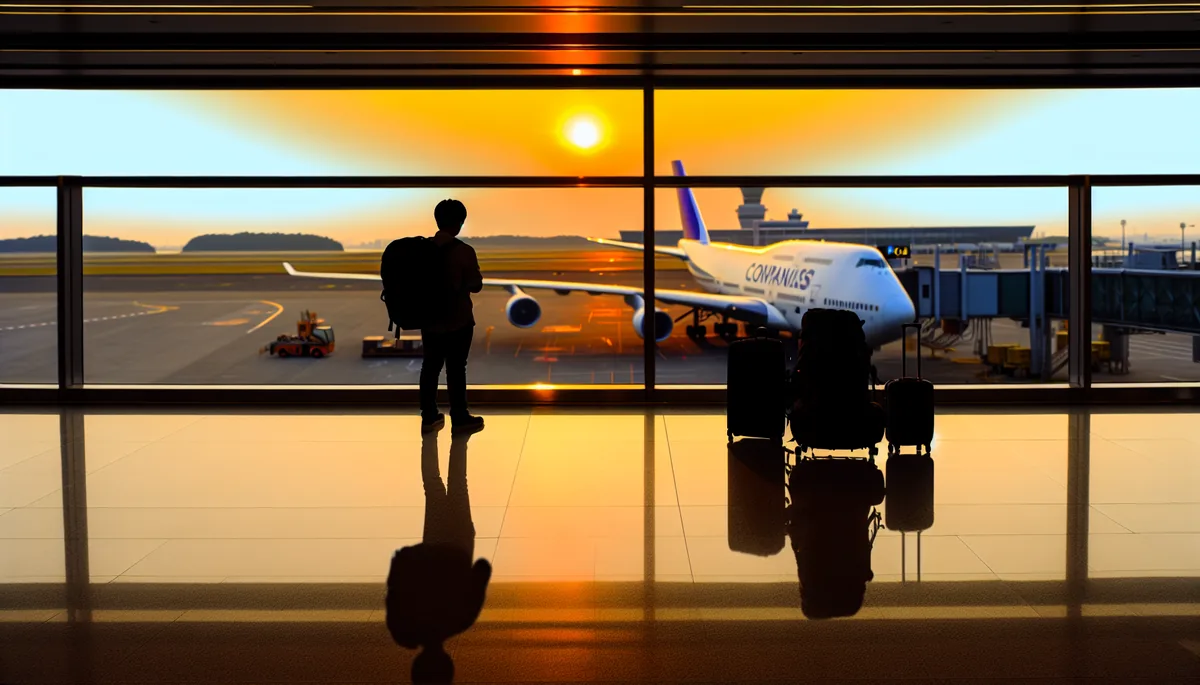 Silhouette of a traveler with backpack standing at airport departure gate during sunset, with aircraft visible through terminal windows