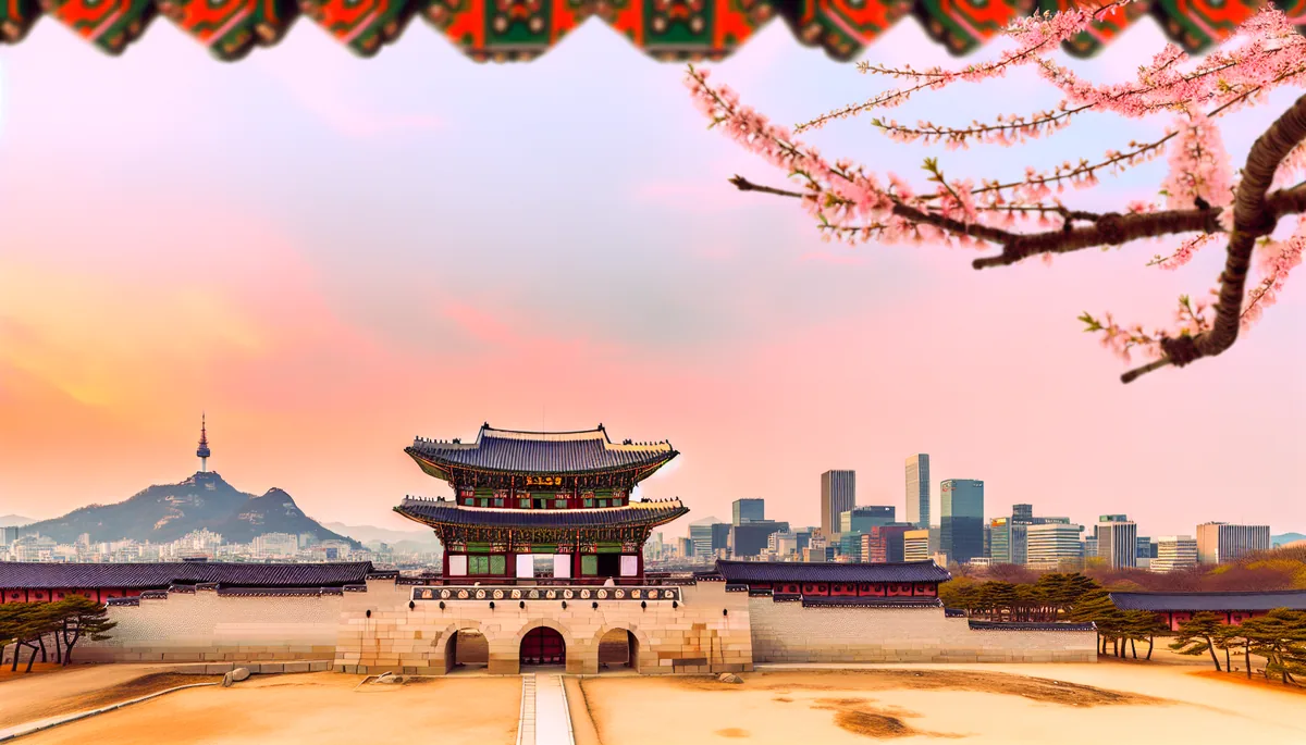 Beautiful view of Gyeongbokgung Palace in Seoul, South Korea, with traditional Korean architecture, cherry blossoms, and city skyline during golden hour