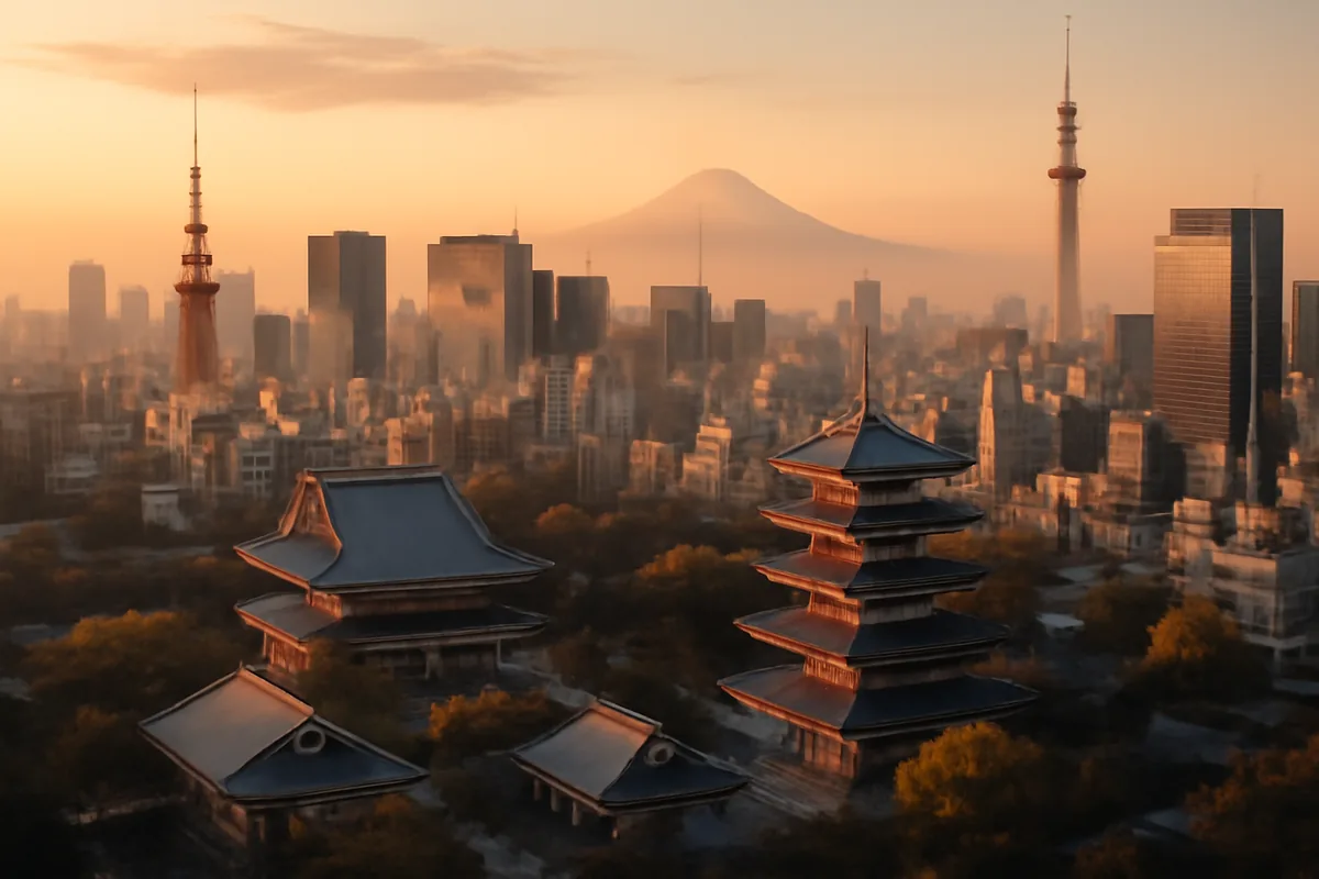 Aerial view of Tokyo cityscape at golden hour, blending traditional Japanese temples with modern skyscrapers, warm amber tones and a distant Mount Fuji silhouette in the hazy background.