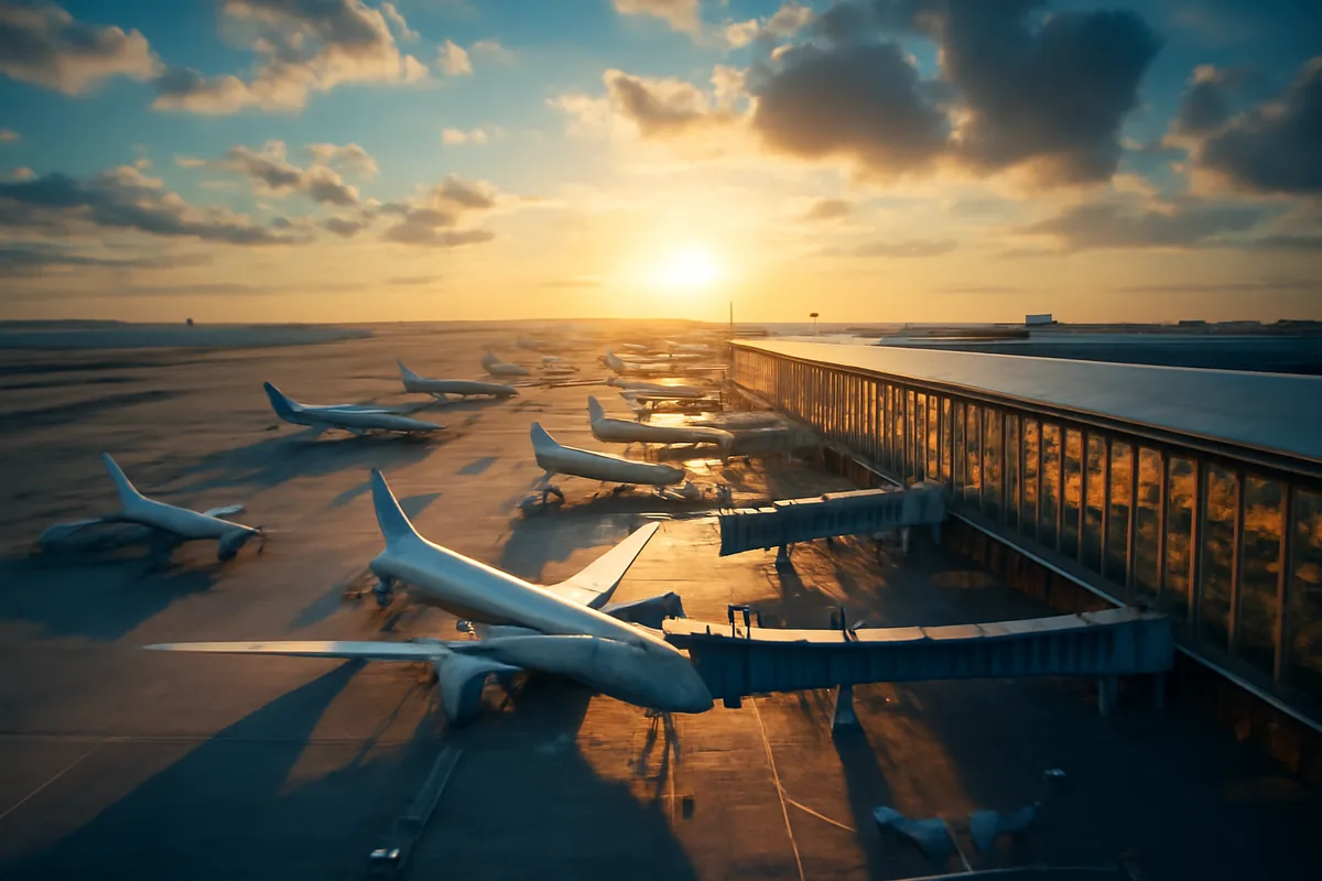 Aerial view of a busy international airport terminal with aircraft on the tarmac bathed in warm golden morning light, representing peak summer travel season